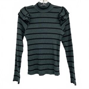 T.La Green Black Long Sleeve Tee Rib Knit Striped Ruffle Shoulder | Womens S